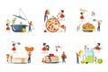 Set of oversize dish and mini people characters family Royalty Free Stock Photo